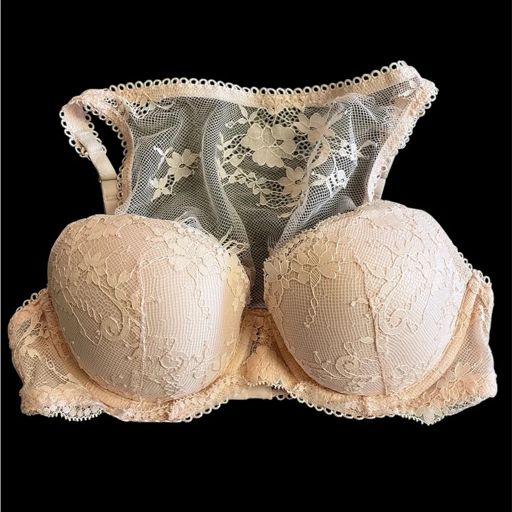 Lot Set 2 Victoria’s Secret‎ Dream Angels High Neck Lace Bra 32C Sage Green Nude